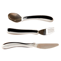 NRS Kura Care Adult Cutlery Set with slip-resistant grips, includes spoon, fork and serrated knife, front view.