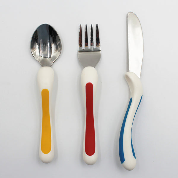 NRS Kura Care Children’s Cutlery Set with chunky handled spoon, fork and knife on a plain background, front view.