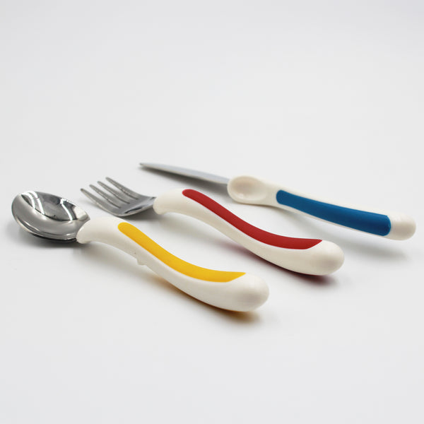 NRS Kura Care Children’s Cutlery Set with stainless steel spoon, fork and knife, white handles and colourful grips, front view.