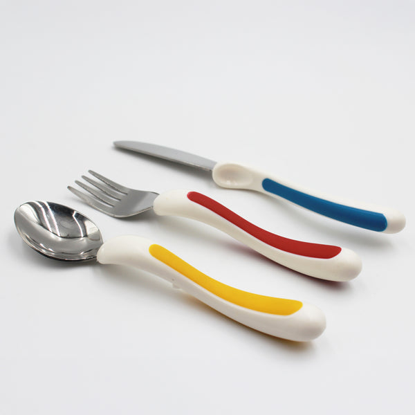 NRS Kura Care Children’s Cutlery Set with three utensils, easy-grip handles, spoon, fork and knife arranged side by side, front view.