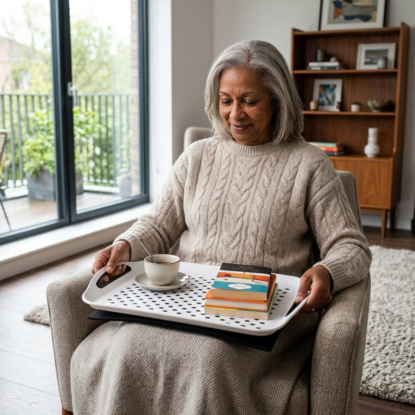 Woman in living room using Homecraft Lap Tray with Non-Slip Mat to hold cup and books, in use view.