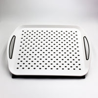 Rectangular Homecraft lap tray with non-slip mat, black handles and drainage holes, shown from above.