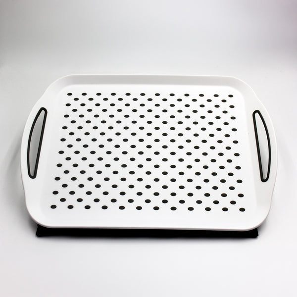 Rectangular Homecraft lap tray with non-slip mat, black handles and drainage holes, shown from above.