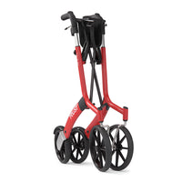 Trust Care Let’s Go Out Rollator, foldable with four large wheels, upright position for transport or storage, front view.