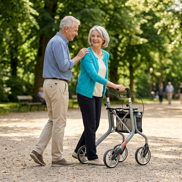 Older woman using Trust Care Let’s Move Rollator, man touching her shoulder, outdoors in park, in use.