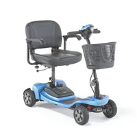 Motion Healthcare Lithilite Scooter with padded seat, armrests, handlebars, black basket and puncture-proof wheels, front view.