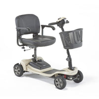 Motion Healthcare Lithilite scooter with black seat, armrests, puncture proof wheels, front basket and lithium battery, side view.
