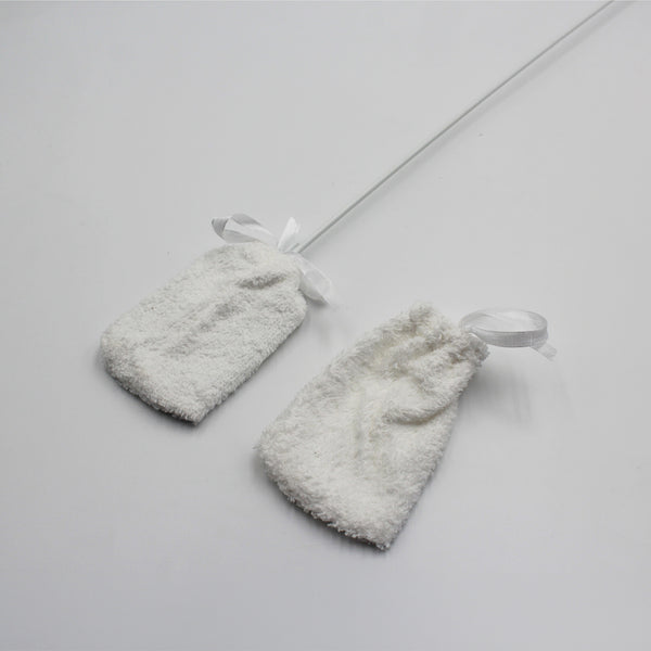 Pair of Homecraft Long Handled Toe Washer pouches for foot cleaning, shown resting on a white surface, top view.