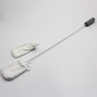 Homecraft long handled toe washer with padded grip and two terry cloth mitts for washing feet, side view.