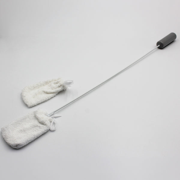 Homecraft long handled toe washer with padded grip and two terry cloth mitts for washing feet, side view.