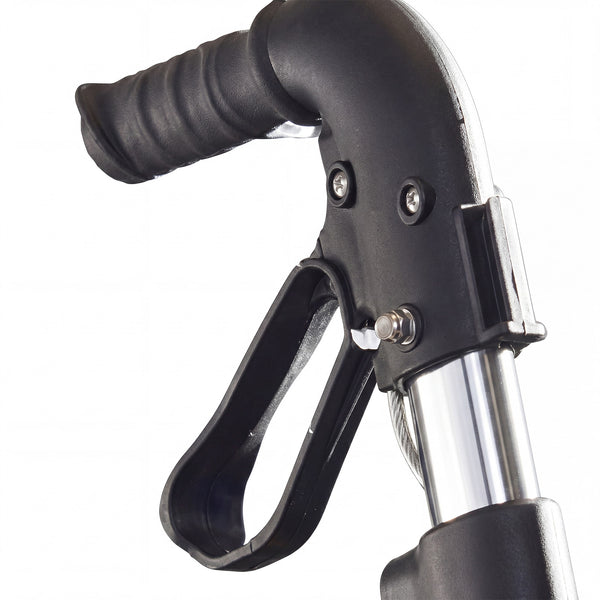 Urathon Luna Lightweight 4 Wheel Rollator handlebar with textured grip and metal lever on folding frame, close-up view.