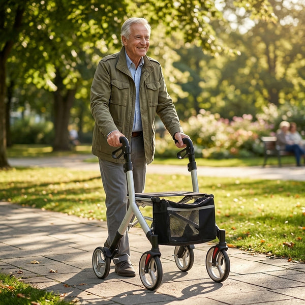 Elderly man using Urathon Luna Lightweight 4 Wheel Rollator walking on a tree-lined park path, in use view.