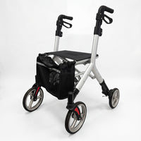 Urathon Luna lightweight 4 wheel rollator with seat, folding frame and storage pouch, white background, front view.