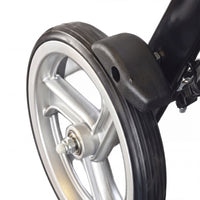 Luna Lightweight 4 Wheel Rollator wheel by Urathon, metal wheel with rubber tyre and plastic fender, close-up.