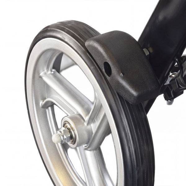 Luna Lightweight 4 Wheel Rollator wheel by Urathon, metal wheel with rubber tyre and plastic fender, close-up.