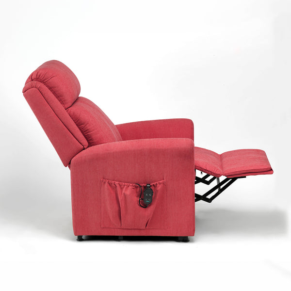 Restwell Memphis Petite Dual Motor Recliner, remote control and side pocket for smaller users, front view.