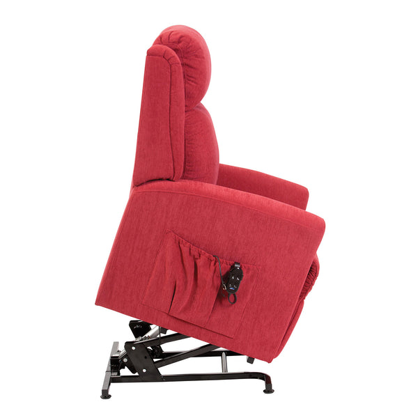 Restwell Memphis Petite Dual Motor Riser Recliner Chair, remote in pocket, metal lift mechanism visible, side view.