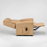 Restwell Memphis Petite Dual Motor Riser Recliner Chair fully reclined, remote in side pocket, side view.