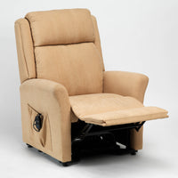 Restwell Memphis Petite Dual Motor Riser Recliner Chair for smaller users, padded arms, side pocket, extended footrest, front view.