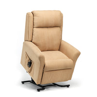 Restwell Memphis Petite Dual Motor Riser Recliner Chair with side pocket and black base, partially lifted for assist, front angle view.