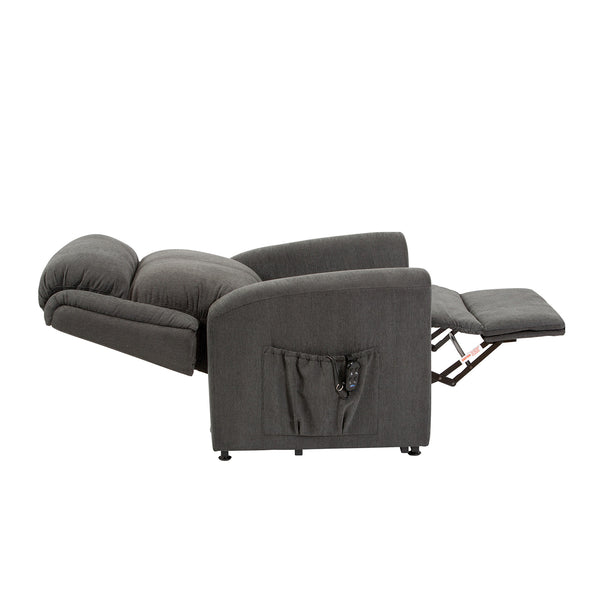 Restwell Memphis Petite Dual Motor Riser Recliner Chair, fully reclined with footrest out and remote in side pocket, front angle.