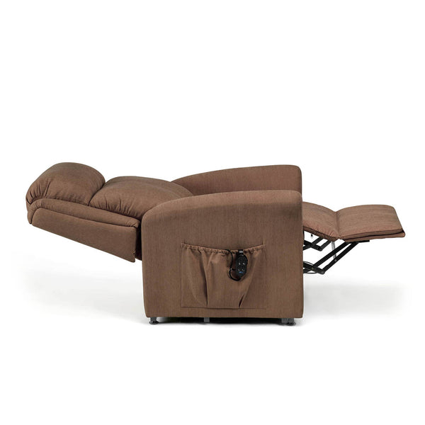 Restwell Memphis Petite Dual Motor Recliner fully extended with remote in side pocket, suitable for smaller users, front angle.