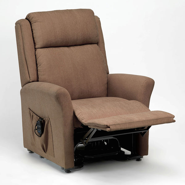 Restwell Memphis Petite Dual Motor Riser Recliner Chair with side pocket and black lever, partially reclined, front angled view.