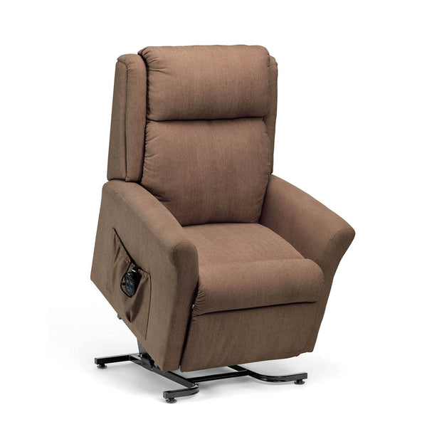Restwell Memphis Petite Dual Motor Riser Recliner Chair with armrests, remote pocket and metal lift base, front angle view.