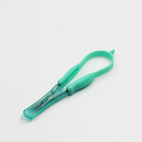 Curved plastic-handled nail clipper and Easi-Grip Mini Easi-Grip Scissors with pointed end on white background, top view.