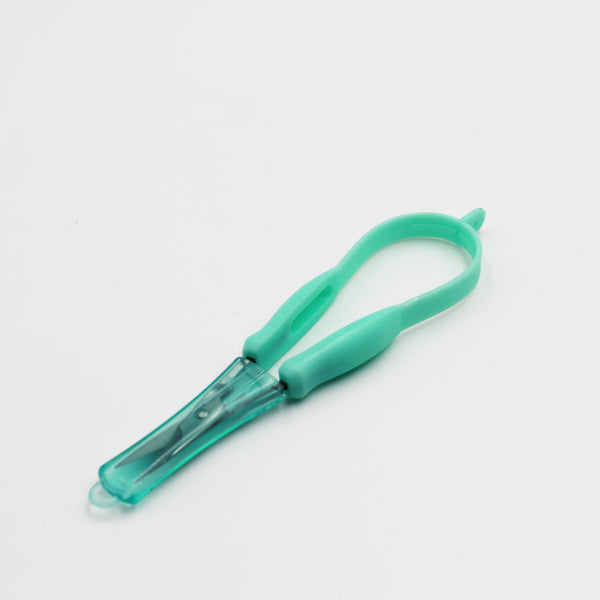 Curved plastic-handled nail clipper and Easi-Grip Mini Easi-Grip Scissors with pointed end on white background, top view.