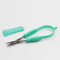 Easi-Grip Mini Easi-Grip Scissors with stainless steel blades and matching blade cover, pointed end, front view.