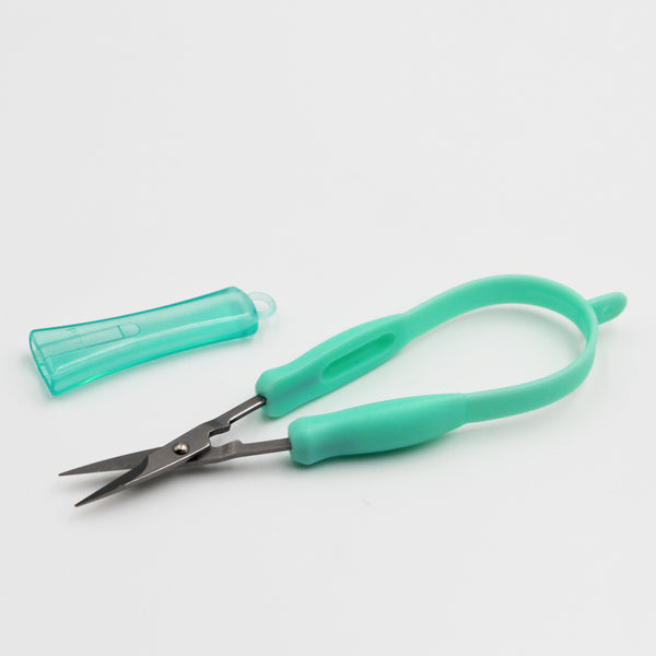 Easi-Grip Mini Easi-Grip Scissors with stainless steel blades and matching blade cover, pointed end, front view.