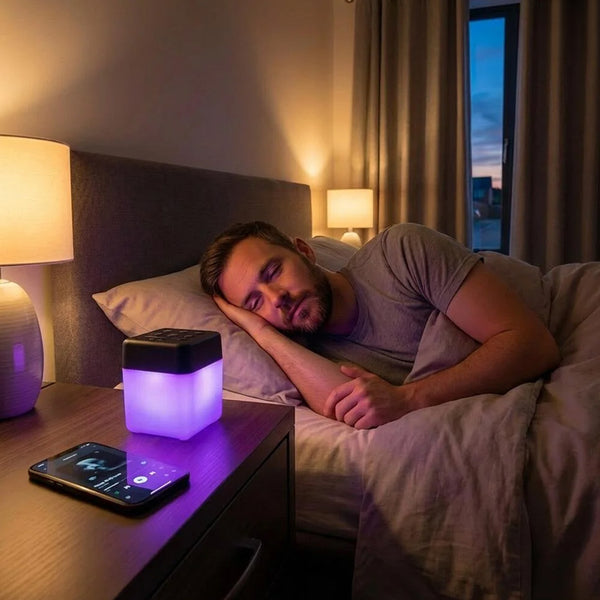 Lifemax Mood Light Bluetooth Speaker on a nightstand next to a glowing lamp and smartphone, man sleeping in bed, in use view.