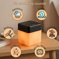 Lifemax Mood Light Bluetooth Speaker on a table, showing built-in controls for six soothing sounds, in use view.