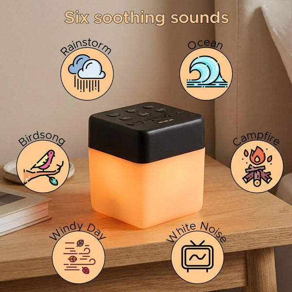 Lifemax Mood Light Bluetooth Speaker on a table, showing built-in controls for six soothing sounds, in use view.