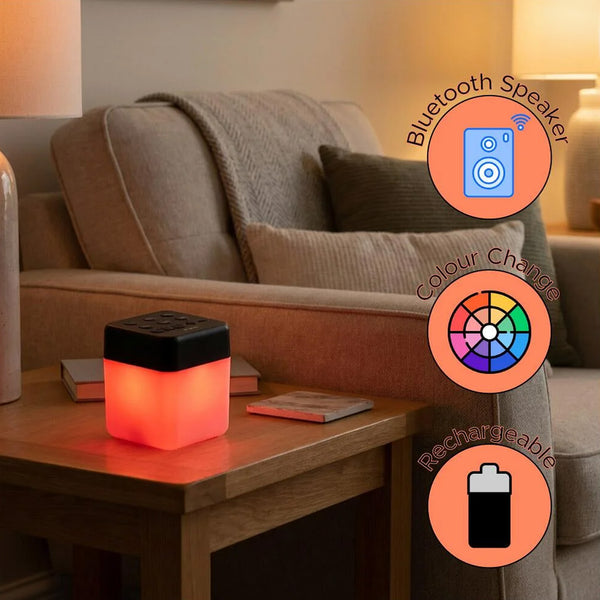 Lifemax Mood Light Bluetooth Speaker cube lamp with wireless music feature, colour-changing design, front view.