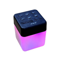 Lifemax Mood Light Bluetooth Speaker, small cube with buttons and glowing base, angled front view.