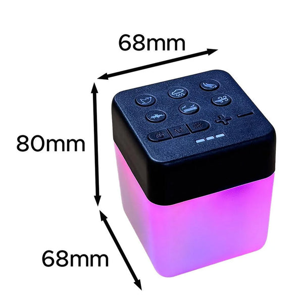 Lifemax Mood Light Bluetooth Speaker cube with mood light, labelled buttons on top, 68x68x80mm, front view.