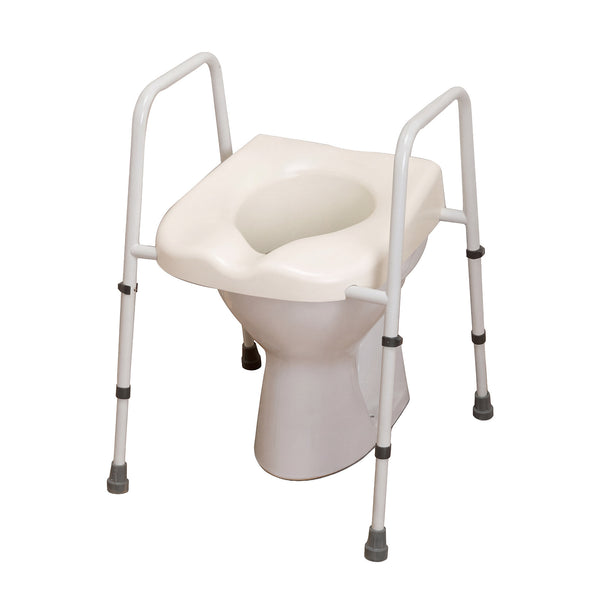 NRS Mowbray Lite Toilet Aid with metal rails and adjustable height, designed for toilet support, side view.
