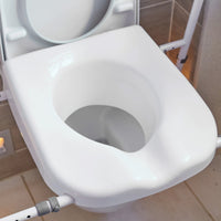 NRS Mowbray Lite Toilet Aid with open lid and side support rails in a tiled bathroom, front view.