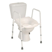 NRS Mowbray Toilet Seat & Frame with width adjustment, ergonomic seat and support rails, front view.