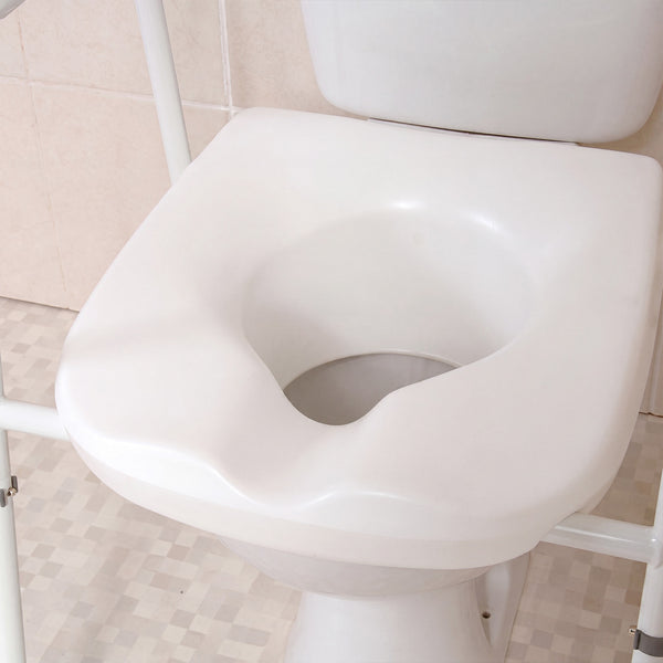 NRS Mowbray Toilet Seat & Frame Width Adjustable with support rails in a tiled bathroom, close-up view.