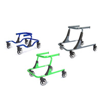 Drive Moxie Gait Trainer with adjustable height, four wheels, lightweight frame on white background, side view.