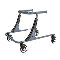 Drive Moxie Gait Trainer for children with 4 black caster wheels, adjustable height, no seat or hand grips, side view.