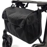 Urathon Nimbus Carbon Fibre Rollator with storage bag and mesh pockets, visible wheel attached, side view.