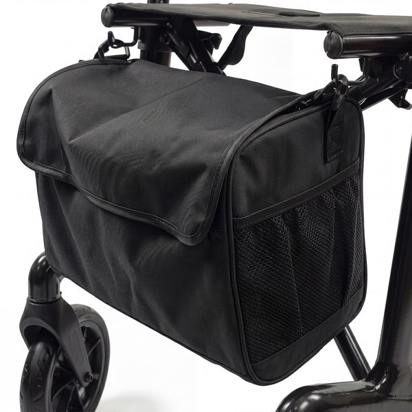 Urathon Nimbus Carbon Fibre Rollator with storage bag and mesh pockets, visible wheel attached, side view.