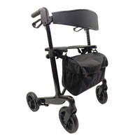 Urathon Nimbus Carbon Fibre Rollator with four wheels, seat and backrest, underseat bag, white background, front view.