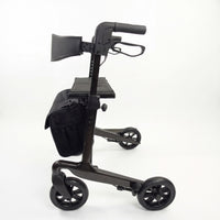 Urathon Nimbus rollator with four wheels, seat, curved backrest and storage bag, mobility aid shown from side view.