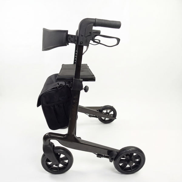 Urathon Nimbus rollator with four wheels, seat, curved backrest and storage bag, mobility aid shown from side view.