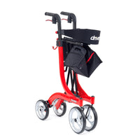 Drive Nitro Rollator Tall, 10 inch front casters, black handles, lightweight aluminium frame, storage bags attached, folded side view.